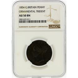 1854 G.Britain Penny Ornamental Trident Coin NGC Graded AU50 BN