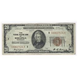 1929 $20 National Currency Note Bank of Minneapolis, MN