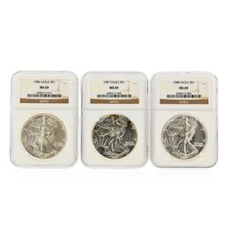 Set of (3) 1986-1988 $1 Silver Eagle Coins NGC Graded MS69
