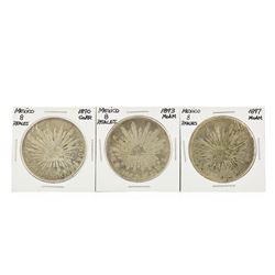 Set of (3) 8 Reales Mexico Silver Coins 1890, 1893, 1897