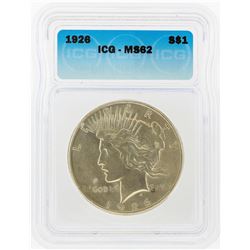 1926 $1 Peace Silver Dollar ICG Graded MS62