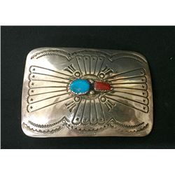 Vintage Turquoise, Coral & Sterling Belt Buckle