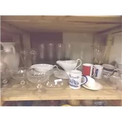 SHELF OF COLLECTABLES AND MORE- GRAVY BOATS, GLASSWARE ETC