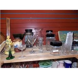 SHELF OF COLLECTABLES AND MORE- GLASSWARE, VASES & MORE