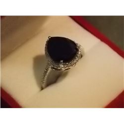 RING - 2.7CT PEAR FACETTED BLACK SAPPHIRE SOLITAIRE RING WITH 2 SHOULDER DIAMONDS IN STERLING SILVER