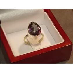 RING - LARGE PEAR FACETTED MYSTIC TOPAZ IN STERLING SILVER SETTING - RETAIL ESTIMATE $200