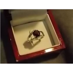 RING - DIAMOND AND GARNET COCTAIL RING - SET IN STERLING SILVER WITH 2 GENUINE DIAMOND SHOULDER STON