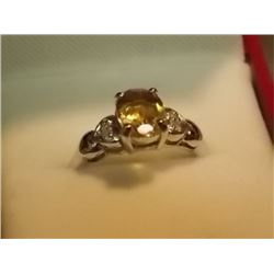 RING - OVAL FACETTED CITRINE IN STERLING SILVR WITH 4 SHOULDER DIAMONDS - RETAIL ESTIMATE $450