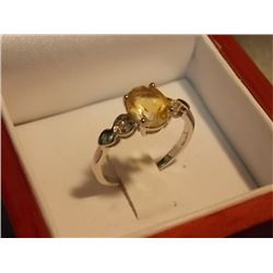 RING - OVAL FACETTED GENUINE CITRINE & 4 DIAMONDS IN STERLING SILVER SETTING - ESTIMATE RETAIL $450
