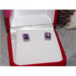 EARRINGS - NEW DIAMOND AND AMETHYST IN STERLING SILVER SETTING - POST & BUTTERFLY BACK - APPROX. RET