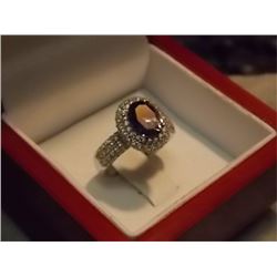 RING - OVAL FACETTED GENUINE AMETHYST & CRYSTALS IN LADY-DI STERLING SILVER DESIGN - STAMPED SW 925 