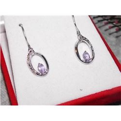 EARRINGS - NEW AMETHYST & DIAMOND IN STERLING SILVER SETTING - SHEPARD HOOKS - INCLUDES CERTIFICATE 