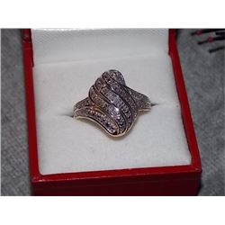 RING - COCKTIAL RING WITH 15 GENUINE DIAMONDS IN STERLING SILVER - GOLD OVERLAY - ESTIMATED RETAIL $