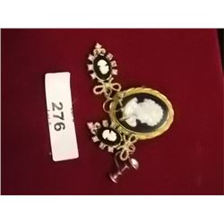 VINTAGE RHINESTONE JEWELRY - CAMEO BROTCH & EARRINGS