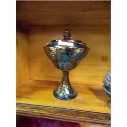 VINTAGE CARNIVAL GLASS BOWL ON PEDESTAL WITH LID