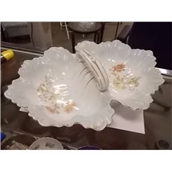 VINTAGE PORCELAIN SERVING DISH - DOUBLE SIDED WITH HANDLE - CT GERMANY POTTERY - ORIGINAL OLD  TAG -
