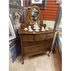 VINTAGE DRESSER - VICTORIAN - BOW FRONT WITH QUEEN ANNE LEGS AND PIVETING MIRROR ON HARP STAND - 5 D