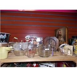 SHELF - PYREX MEASURING GLASSES, CLOCKS & MEASUREING CUPS