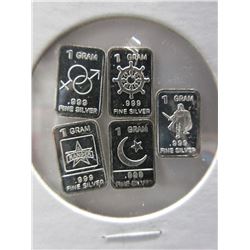 5 x .999 Fine Silver Art Bars - Various Motifs