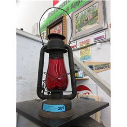 Vintage Beacon barn lamp with red shade