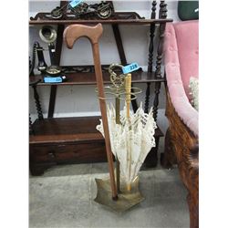 Vintage brass umbrella stand & contents