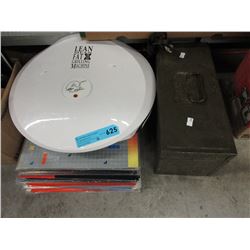 George Foreman grill, LP records & metal box