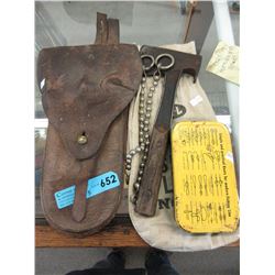 Vintage hatchet, shot plumb bag & more