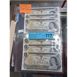 6 Canadian 1973 $1 banknotes in sequence