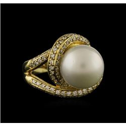 12.5mm Freshwater Pearl and Diamond Ring - 14KT Yellow Gold