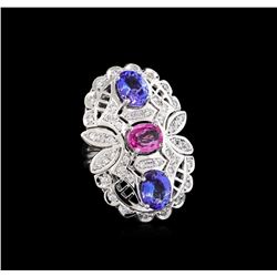 3.20ctw Tanzanite, Pink Sapphire and Diamond Ring - 14KT White Gold