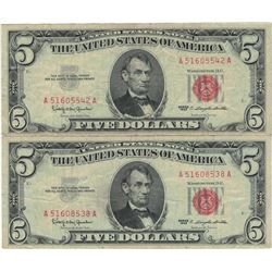 1963 $5 Red Seal Bill Lot of 2