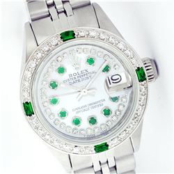 Rolex Stainless Steel Diamond and Emerald DateJust Ladies Watch