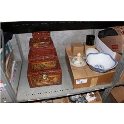 SHELF LOT OF MISC CHINA, POTTERY AND WOODEN BOXES