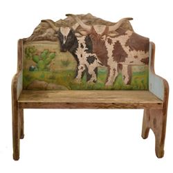 Folk Art Carved Texas Longhorn Bench