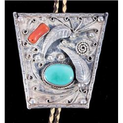 Navajo Large Old Pawn Silver Bolo Tie Turquoise