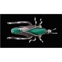 Sterling Silver & Malachite Grasshopper Brooch