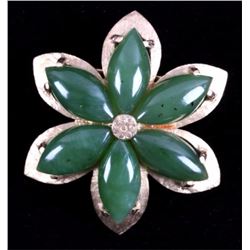 14K Chinese Gold & Jade Lotus Blossom Brooch