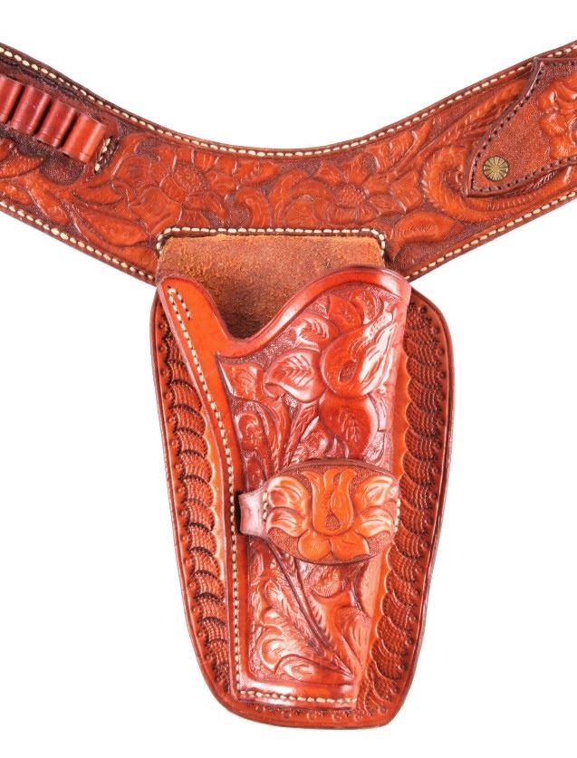 Hand Tooled Leather Gun Belt with Holster