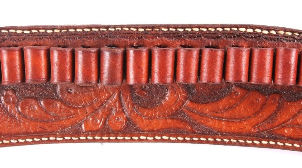 Hand Tooled Leather Gun Belt with Holster