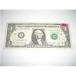 2009 SERIES EXTRA RARE *SAME 6 DIGITS SERIAL DIGITS* $1.00 SERIAL # *I14111911A. NICE US DOLLAR*!! D