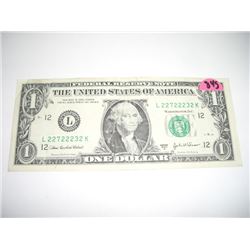 2003 SERIES A EXTRA RARE *SAME 6 DIGITS SERIAL DIGITS* $1.00 SERIAL # *L22722232K. NICE US DOLLAR*!!