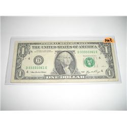 2006 SERIES EXTRA RARE *SAME 6 DIGITS SERIAL DIGITS* $1.00 SERIAL # *D33333361E. NICE US DOLLAR*!! D