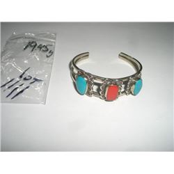 SILVER CUFF BRACELET WITH TURQUIOSE & RED CORAL STONES-VERY BEAUTIFUL DESIGN-CUFF BRACELET HAS 3 LAR