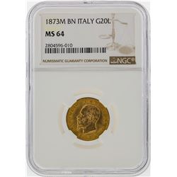 1873M BN Italy 20 Lire Gold Coin NGC Graded MS64