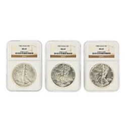 Set of (3) 1986-1988 $1 Silver Eagle Coins NGC Graded MS69