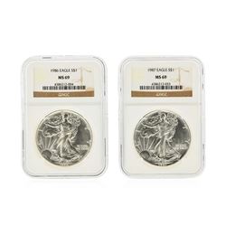 Set of (2) 1986-1987 $1 Silver Eagle Coins NGC Graded MS69