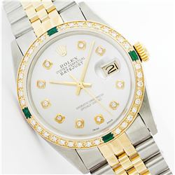Mens Rolex Two Tone Emerald and Diamond Datejust Wristwatch