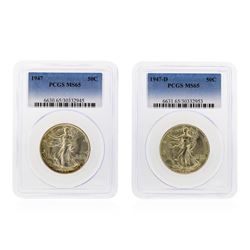 Set of 1947 & 1947-D Walking Liberty Half Dollar Coins PCGS MS65