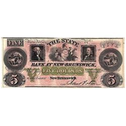 1800s $5 State Bank at New-Brunswick Obsolete Currency Note