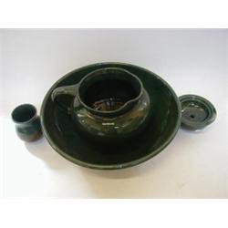 A BRANNAM ART POTTERY PART WASH SET, 20th Century, wash bowl, jug, soap, dish and vase, holly gre...